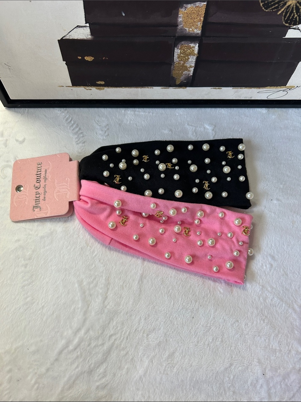 Juicy Couture Black & Pink Pearl-Studded Twist Headbands